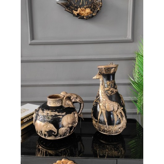 مجموعة مزهرية/فازة من قطعتين ثلاثية الأبعاد على شكل فيل وزرافة ، مزهرية الطاولة ، ديكور