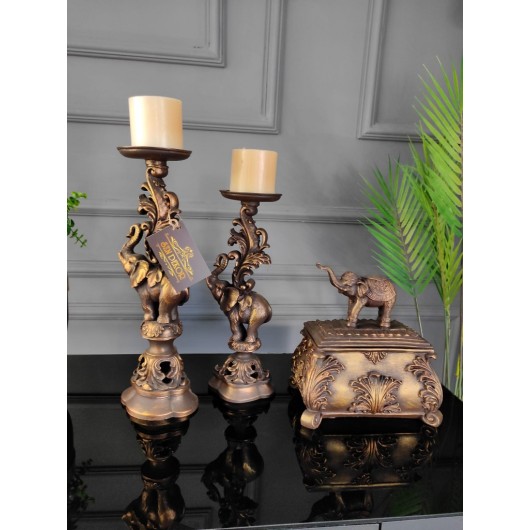 3 Piece Decor Set| Couple Candlestick And Elephant Shaped Box, Home Gift And Decoration