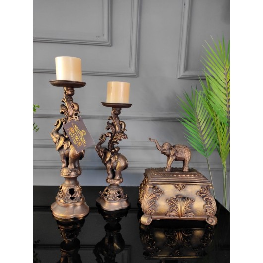 3 Piece Decor Set| Couple Candlestick And Elephant Shaped Box, Home Gift And Decoration