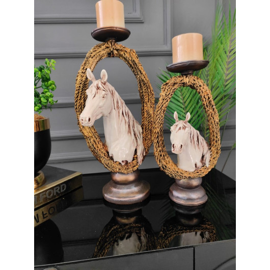 Candlestick/Candle Holder In The Shape Of A White Horse Detailed With A Golden Chain