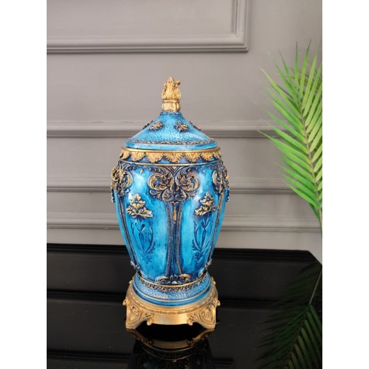 Decorative Vase With Ornate Cover, Classic Ottoman Style, Blue Color