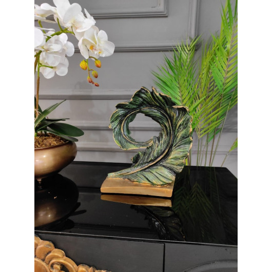 Feather Decorative Piece, Feather Figurine, Mantel Decor, Table Top Decor, Green-Gold Color