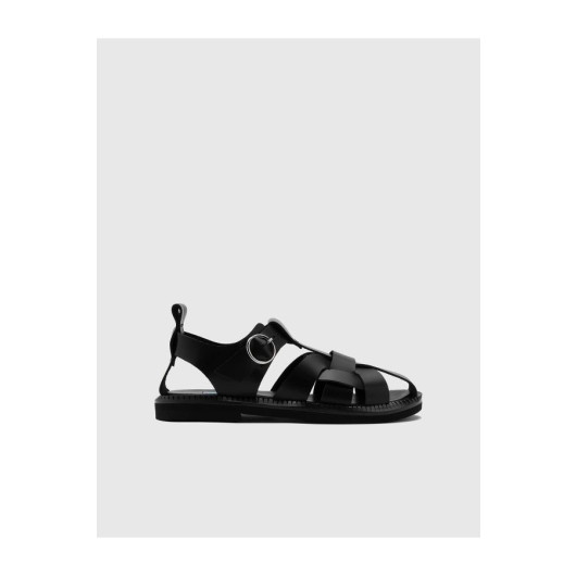 Genuine Leather Women Black Sandals