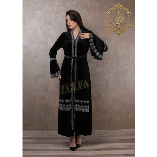 A Black And Silver Velvet Abaya With A Wonderful Design, Zulfa Designs