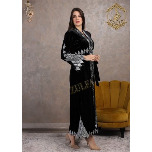 Black Velvet Abaya With A Silver Crystal, With A Wonderful Design, Zulfa Designs