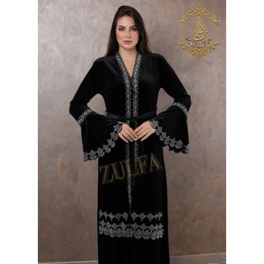 A Black And Silver Velvet Abaya With A Wonderful Design, Zulfa Designs