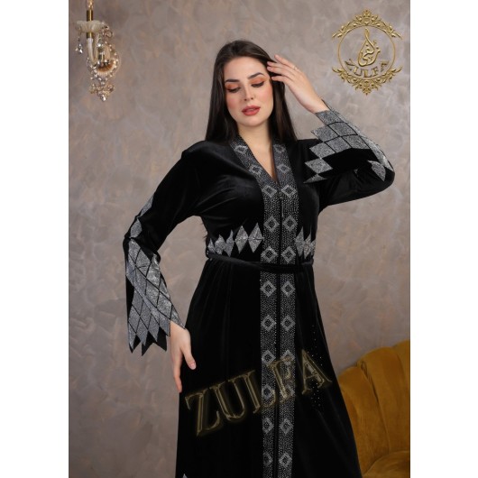 Black Velvet Abaya With A Silver Crystal, With A Wonderful Design, Zulfa Designs