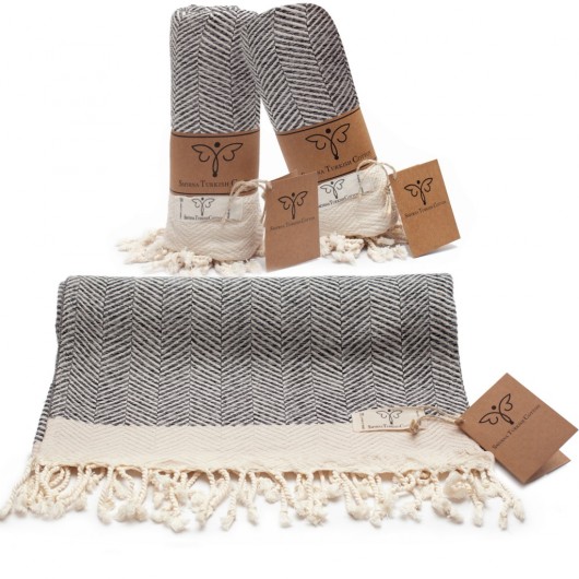 Smyrna 100% Cotton, 2-Pack Hand, Face And Foot Towel, Peshkir 40*100 Cm Herringbone Pattern Gray