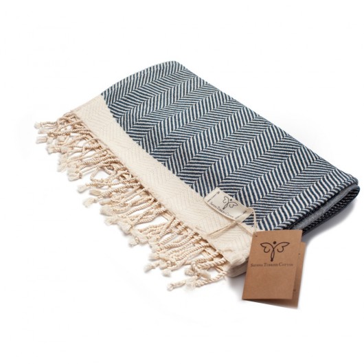 Smyrna 100% Cotton, 2-Pack Hand, Face And Foot Towel, Peshkir 40*100 Cm Herringbone Pattern Navy Blue