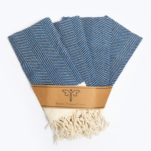Smyrna 100% Cotton, 4-Pack Guest Hand Face Towel, Napkin 38*66 Cm, Absorbent, Herringbone Pattern Blue