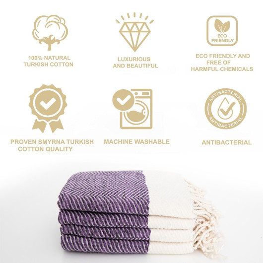 Smyrna 100% Cotton, 4-Pack Guest Hand Face Towel, Napkin 38*66 Cm, Absorbent, Herringbone Pattern Purple