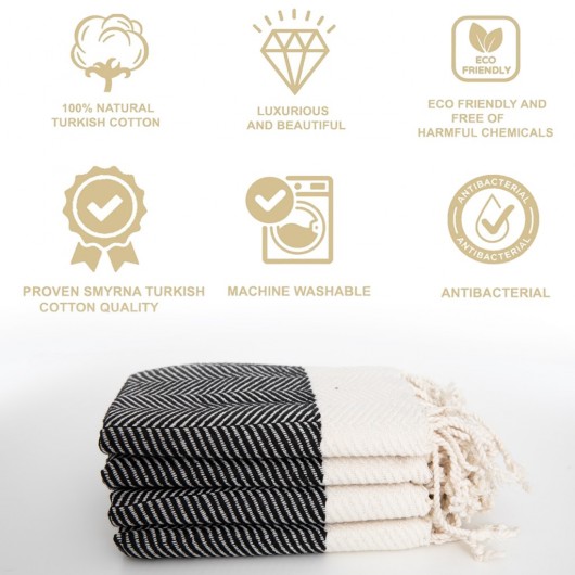 Smyrna 100% Cotton, 4-Pack Guest Hand Face Towel, Napkin 38*66 Cm, Absorbent, Herringbone Pattern Black