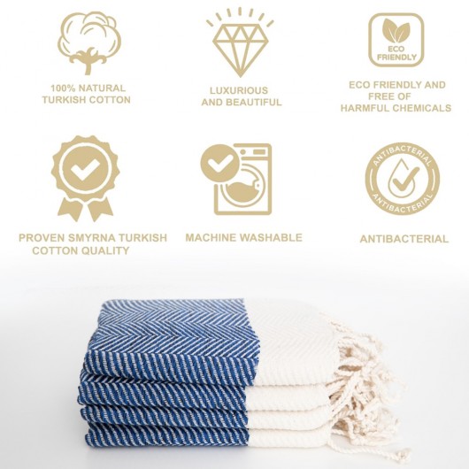 Smyrna 100% Cotton, 4-Pack Guest Hand Face Towel, Napkin 38*66 Cm, Absorbent, Herringbone Night Blue