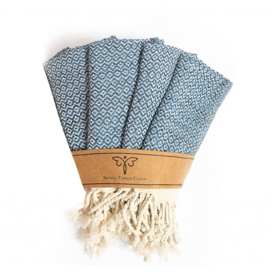 Smyrna 100% Cotton, 4-Pack Guest Hand Face Towel, Napkin 38*66 Cm, Absorbent, Diamond Pattern Blue
