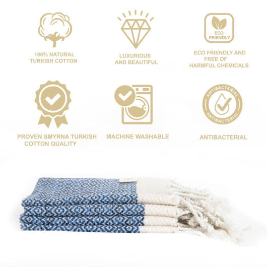 Smyrna 100% Cotton, 4-Pack Guest Hand Face Towel, Napkin 38*66 Cm, Absorbent, Diamond Pattern Blue