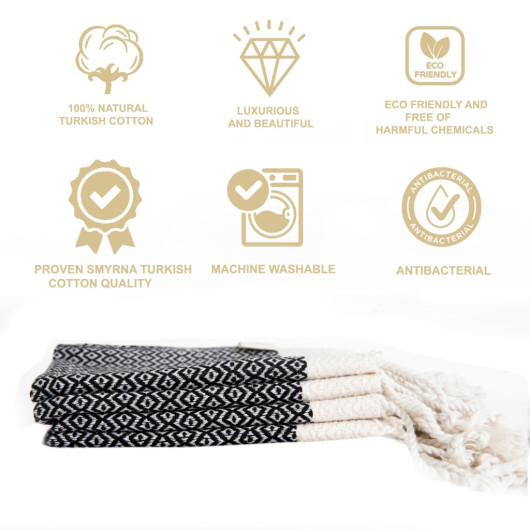 Smyrna 100% Cotton, 4-Pack Guest Hand Face Towel, Napkin 38*66 Cm, Absorbent, Diamond Pattern Black