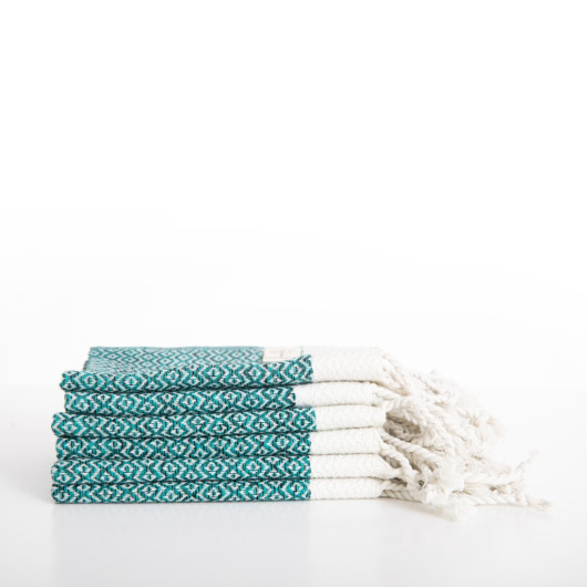 Smyrna 100% Cotton, 6 Pcs. Guest Hand Face Towel, Napkin 30*30 Cm, Absorbent, Diamond Pattern Petrol
