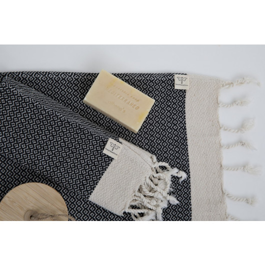 Smyrna 100% Cotton, 6 Pcs. Guest Hand Face Towel, Napkin 30*45 Cm, Absorbent, Diamond Pattern Black