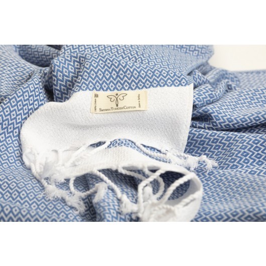 Smyrna 100% Cotton Absorbent Peshtemal Beach Bath Towel 94*180 Cm Diamond Pattern Blue