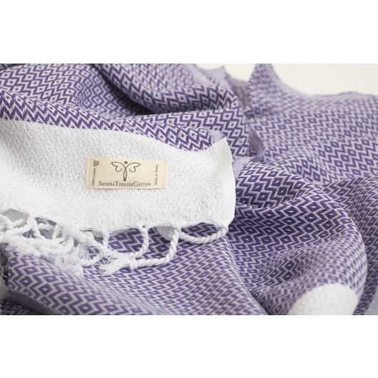 Smyrna 100% Cotton Absorbent Peshtemal Beach Bath Towel 94*180 Cm Diamond Pattern Purple