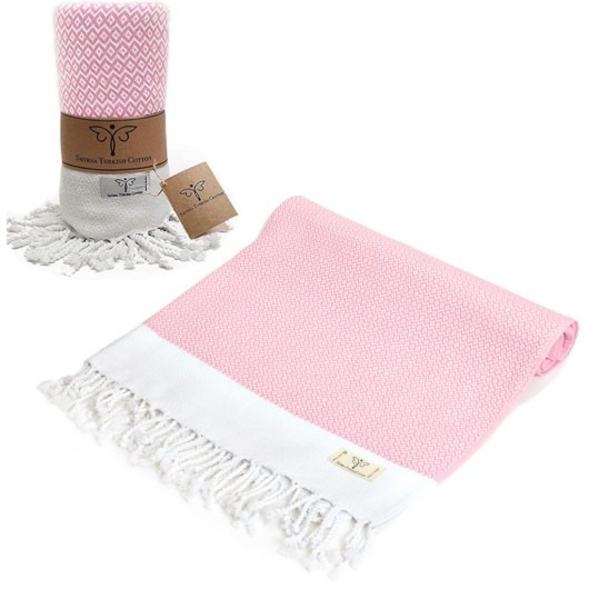 Smyrna 100% Cotton Absorbent Peshtemal Beach Bath Towel 94*180 Cm Diamond Pattern Pink