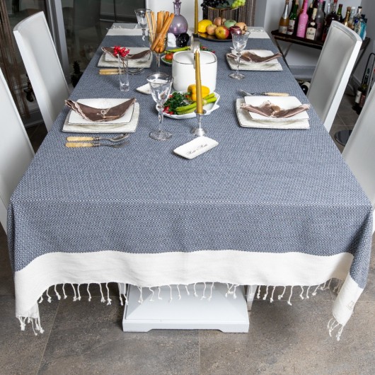 Smyrna 100% Cotton Tablecloth 155*215 Cm Diamond Pattern Navy Blue, Easy To Iron