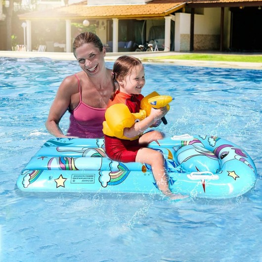 عوامة سباحة للأطفال على شكل سرير مزين برسومات زاهية، قابل للنفخ لتعلم السباحة