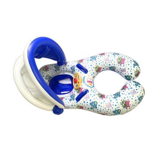 2 Person 0-3 Age Blue Canopy Baby Sea Ring, Inflatable Baby Swimming Ring With Awning