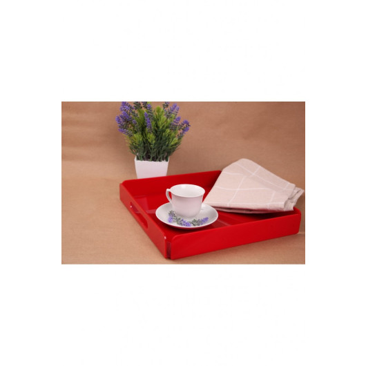 Red Plexiglass Tray With Handle 25X25 Cm Service, Coffee, Tea, Presentation And Gift Tray 3Mm