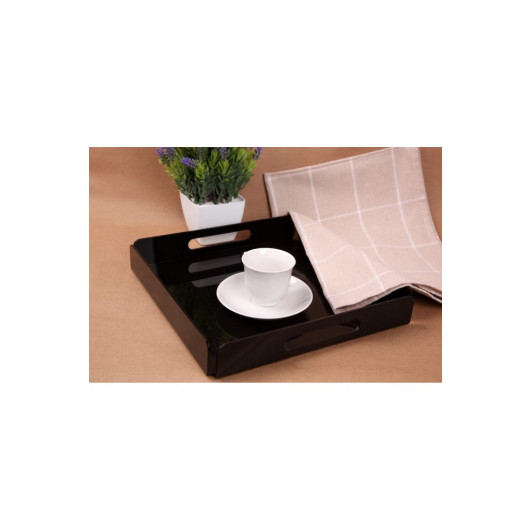 Black Plexiglass Tray With Handle 25X25 Cm Service, Coffee, Tea, Presentation And Gift Tray 3Mm