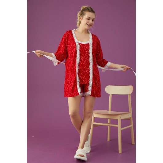 Women's Polka Dot Printed Dressing Gown And Shorts Set