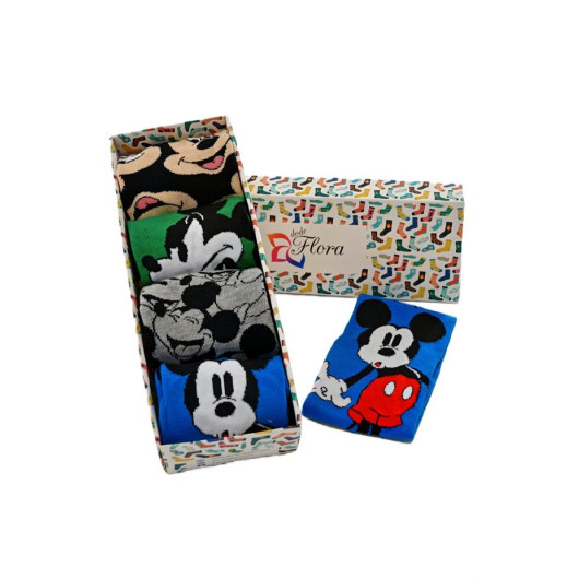 جوارب قطنية بتصميم ميكي ماوس الكرتونية للرجال من 4 قطع مع صندوق هدية