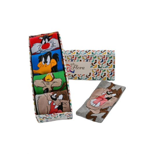 Men's Cartoon Looney Tunes Patterned Cotton Special Collection 4 Box Gift Socks Set