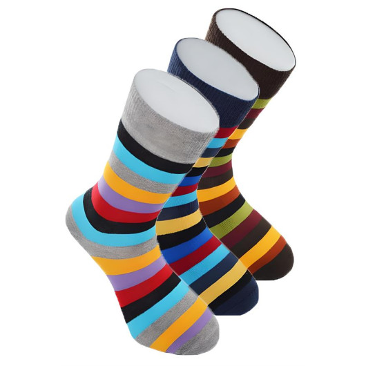 Men's Cotton Seamless Thick Striped Colorful Comfortable Comfortable Special Series 3 Pcs Socks