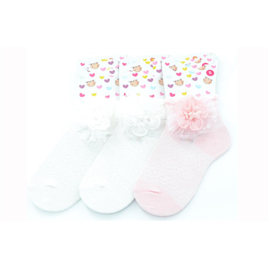 Ekinoks 3 Pieces Pearl Flower Tulle Half Conch Girls' Socks