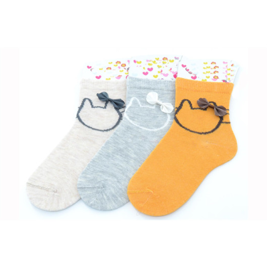 Ekinoks 3 Pcs Cat-Ribbon Print Half Conch Girls' Socks