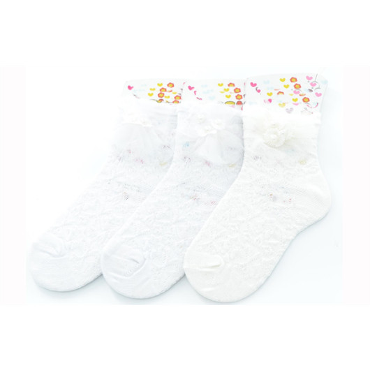 Ekinoks 3 Piece Tulle-3 Pearls Half Conch Girls' Socks