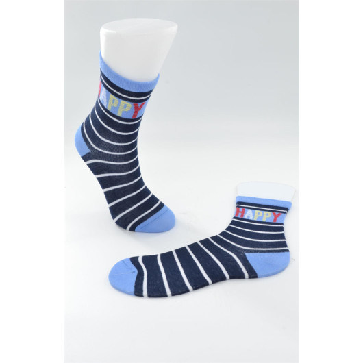 Striped-Happy Written Boy Socks Blue