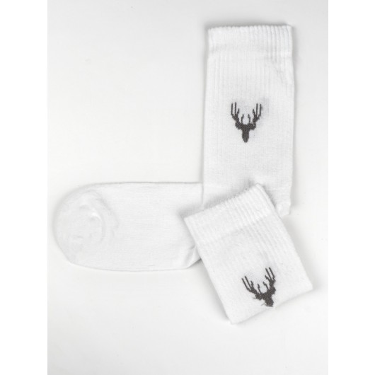 3 Pack White Deer Pattern Cotton Sports Tennis Gym Socks No Smell Fitness