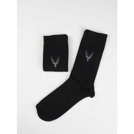 3 Pack Black Deer Pattern Cotton Sports Tennis Gym Socks No Smell Fitness