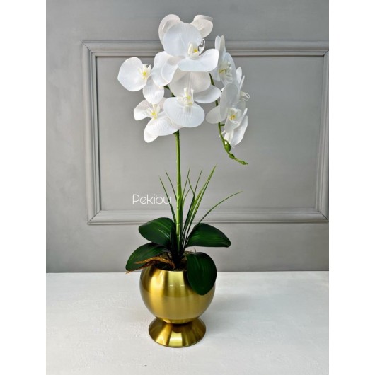 A Decoration With A Large Orchid Arrangement, White Color, In A Ball Vase