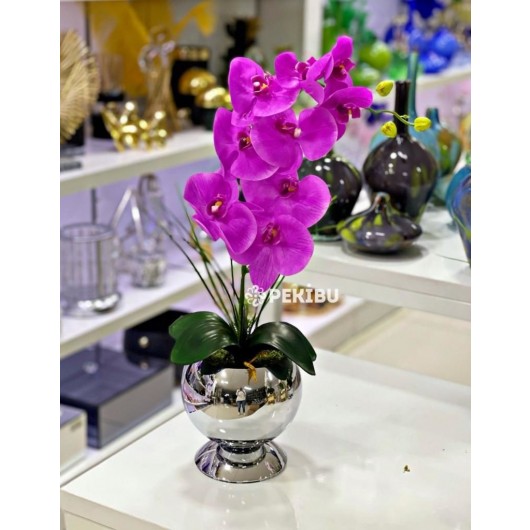 Large Orchid Decor In A Silver Ball Vase