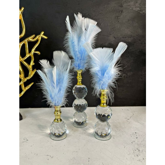 3 Pieces Of Decoration With Crystal Feet And Feathers, Blue-Gold Color