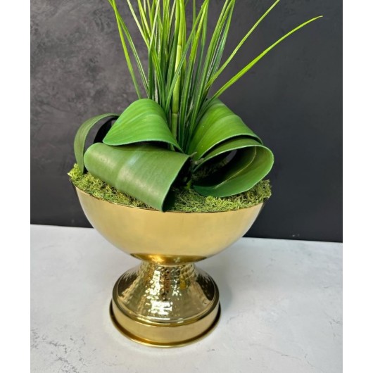 A Decorative Set Of 2 Large White Orchids In A Golden Metal Ball Vase