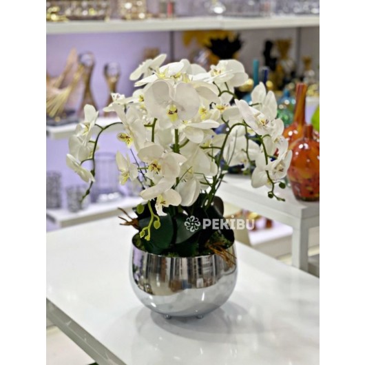 A Vase With A Japanese Design And An Orchid With 6 Branches Arranged In Silver Color