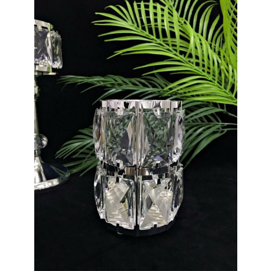 Wide Crystal Candle Holder, Large Size, Silver Color