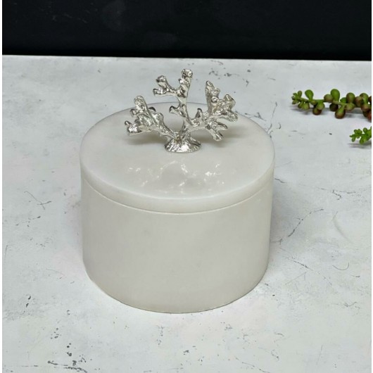 Marble Coral Box With Lid White Silver