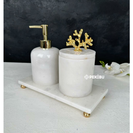 Rectangular 3 Bathroom Set With Marble Tray White Gold