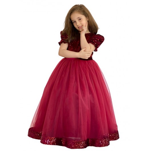 فستان بناتي من المخمل مزين بالترتر لون خمري
