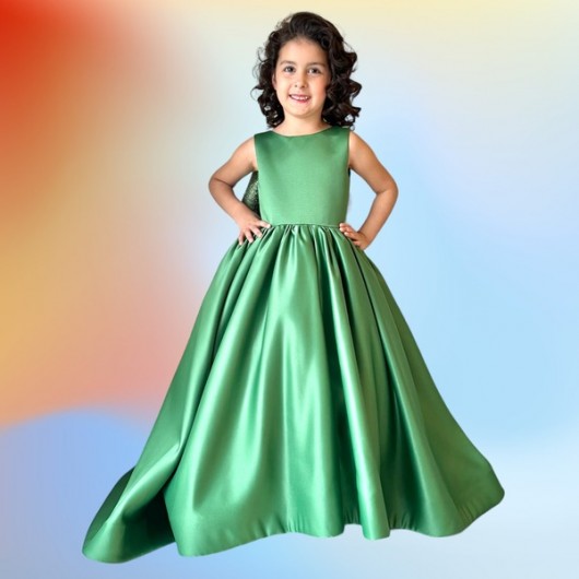 فستان بناتي مزين بفيونكيه لون أخضر
